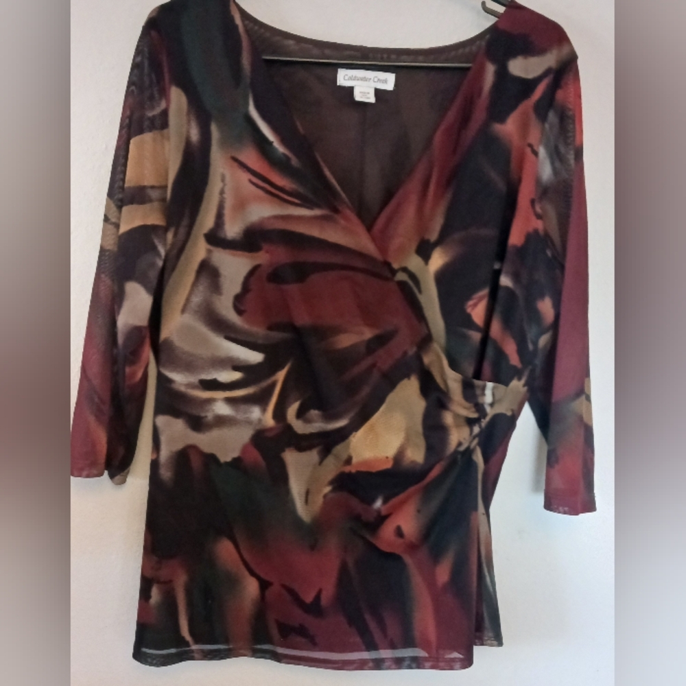 Coldwater Creek Abstract Wrap Blouse Size XL Pullover 3/4 Sleeves